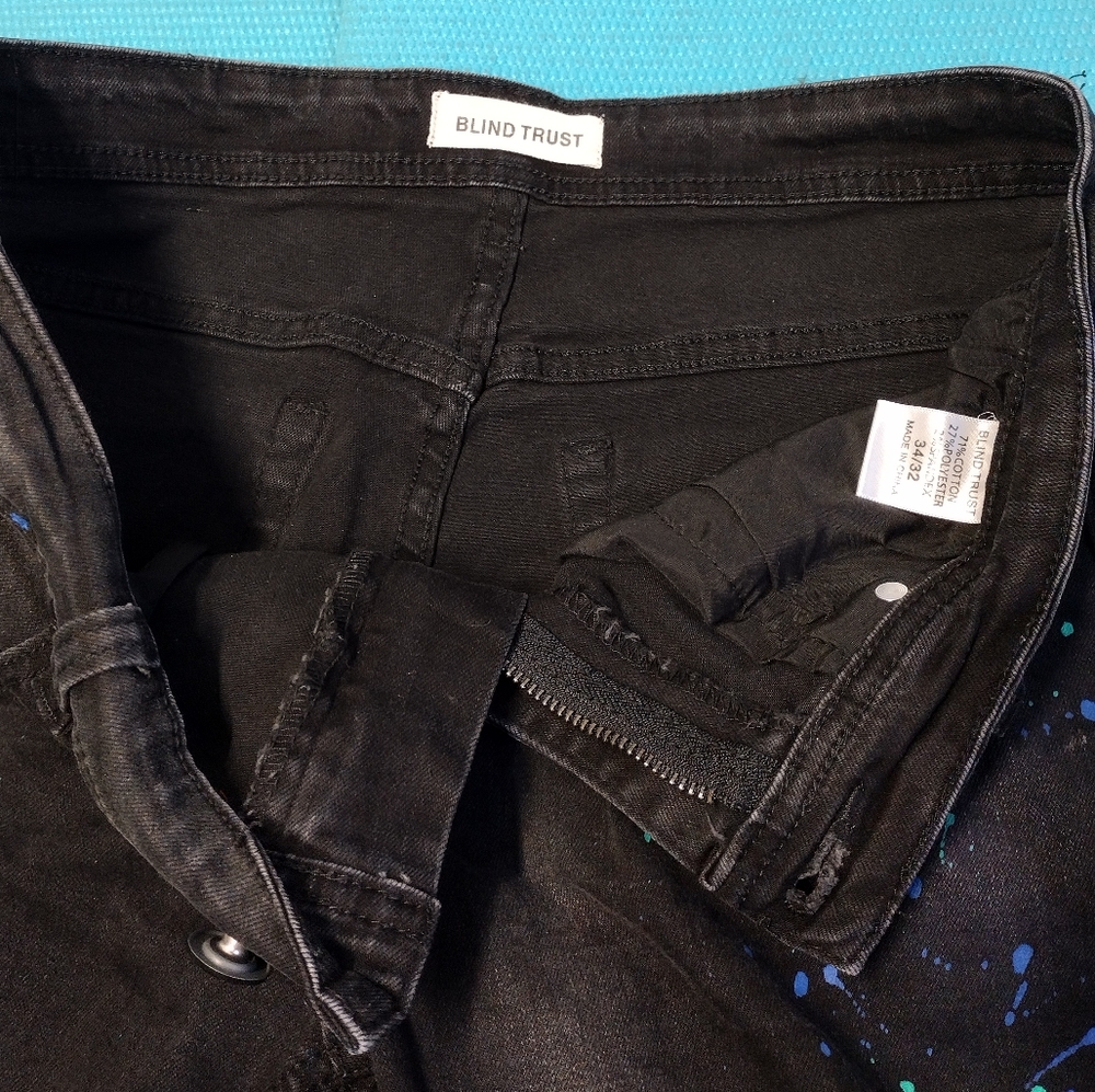 Blind Trust Mens Black Ripped Jeans Purple Stripe Paint Splatter Size 34 X32 - Picture 6 of 8